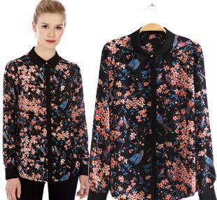 OA*SIS 歐美新款女裝批發 翻領碎花印花雪紡襯衣長袖襯